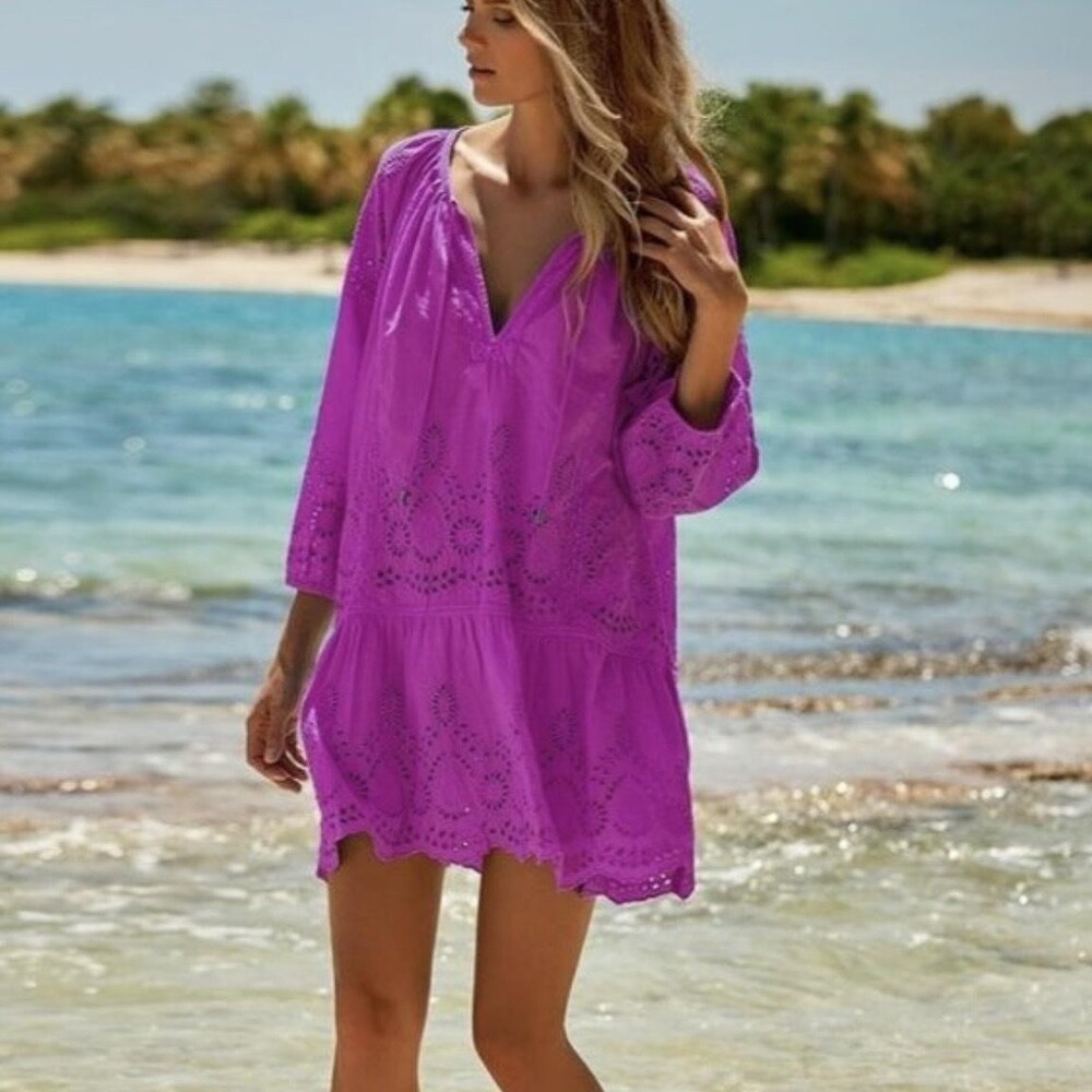 MELISSA ODABASH Ashley Kaftan Dress Eyelet Broderie Anglaise Magenta Cover Up XS